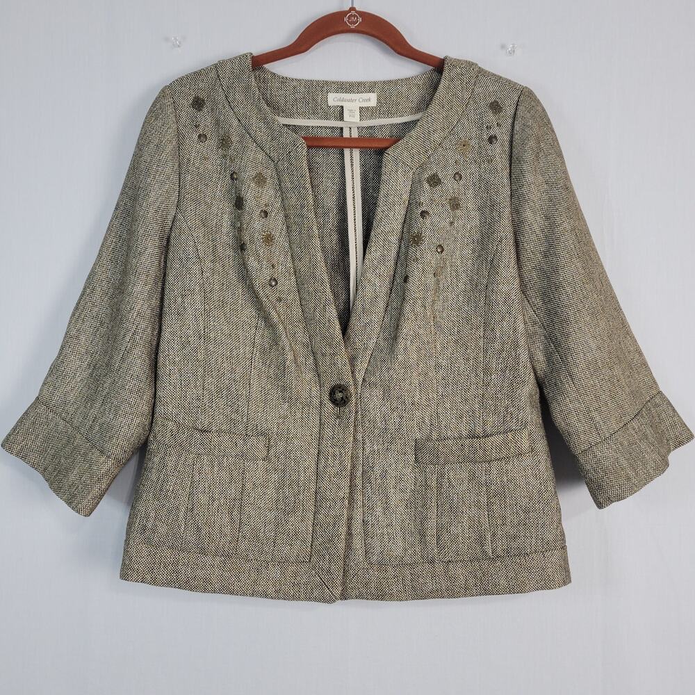 Coldwater Creek One Button Blazer Jacket sz 10P Brown Metal Bead Details Pockets